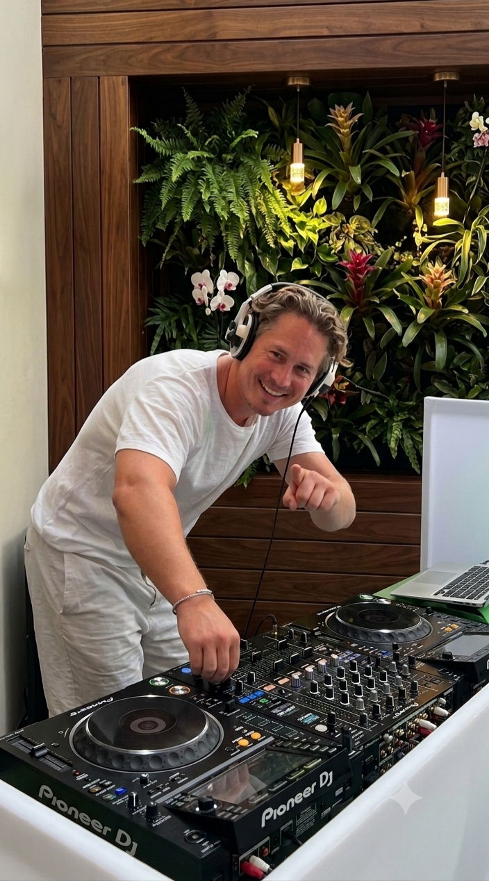 Manuel, DJ manulive, laughing at his DJ booth during a corporate event